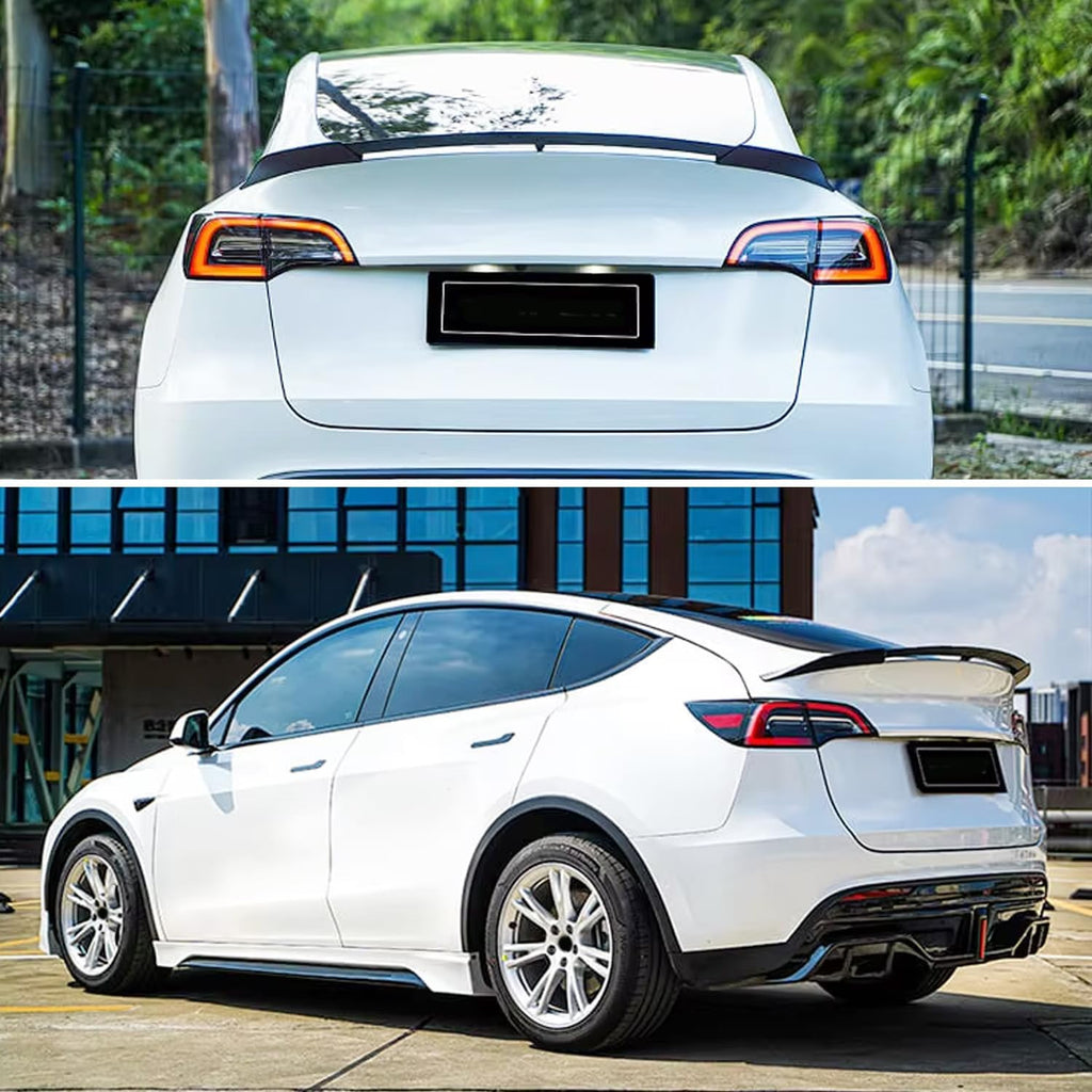 Spoiler Compatibility with 2020-2023 Model Y Yofer Style Rear Trunk Wing Lid Spliter Gloss Black - installed fitment view