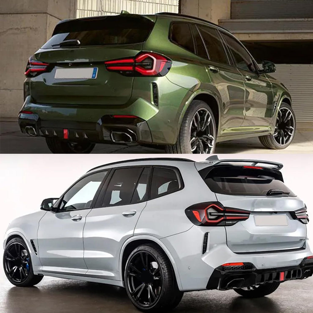2022-2024 X3 G01 M40i M Sport LCI Style Rear Bumper Chin Lip Kit Spoiler Splitter W LED Light Gloss - installed fitment view