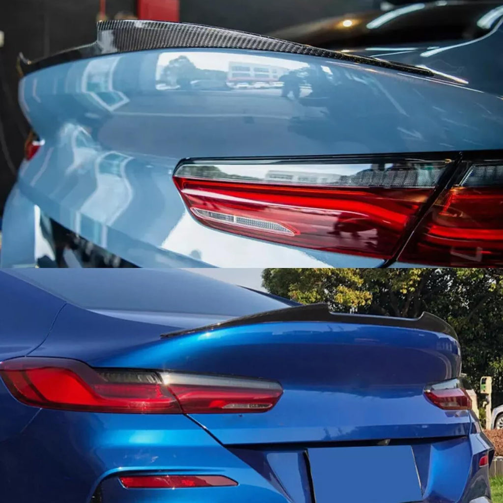 2019-2023 8 Series G16 4 Door Rear Trunk Spliter Wing Lid (Carbon Fiber Style) - installed fitment view