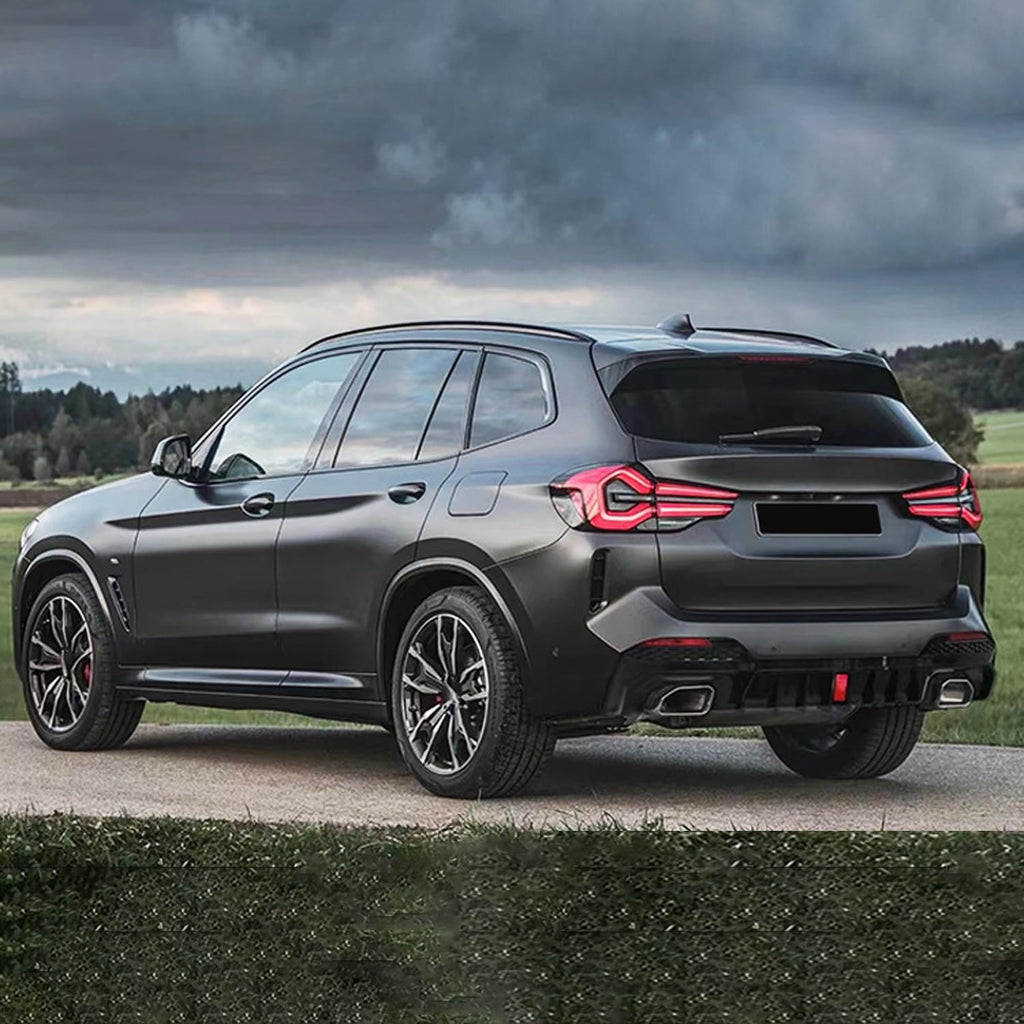 2022-2024 X3 G01 M40i M Sport LCI Style Rear Bumper Chin Lip Kit Spoiler Splitter W LED Light Gloss Black - side angle view