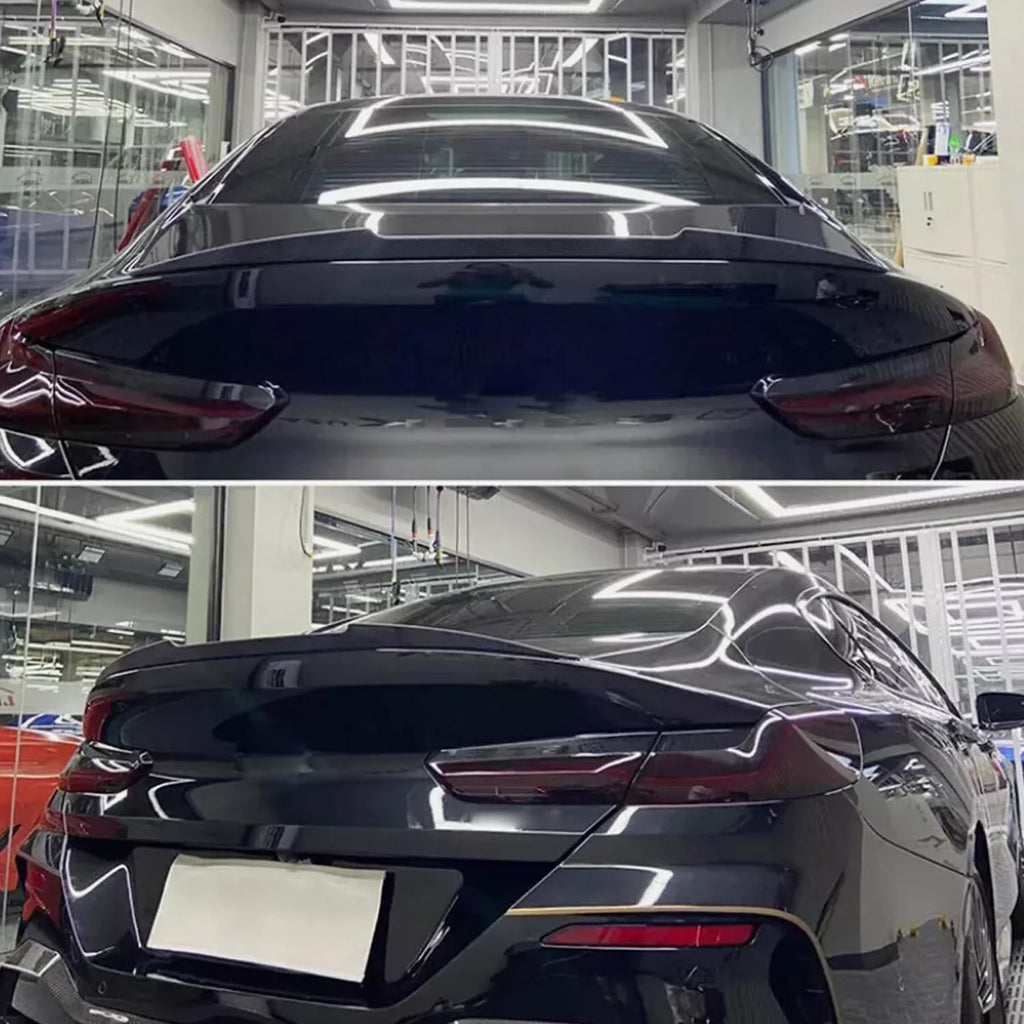 2019-2023 8 Series G16 4 Door Rear Trunk Spliter Wing Lid (Carbon Fiber Style) - side angle view