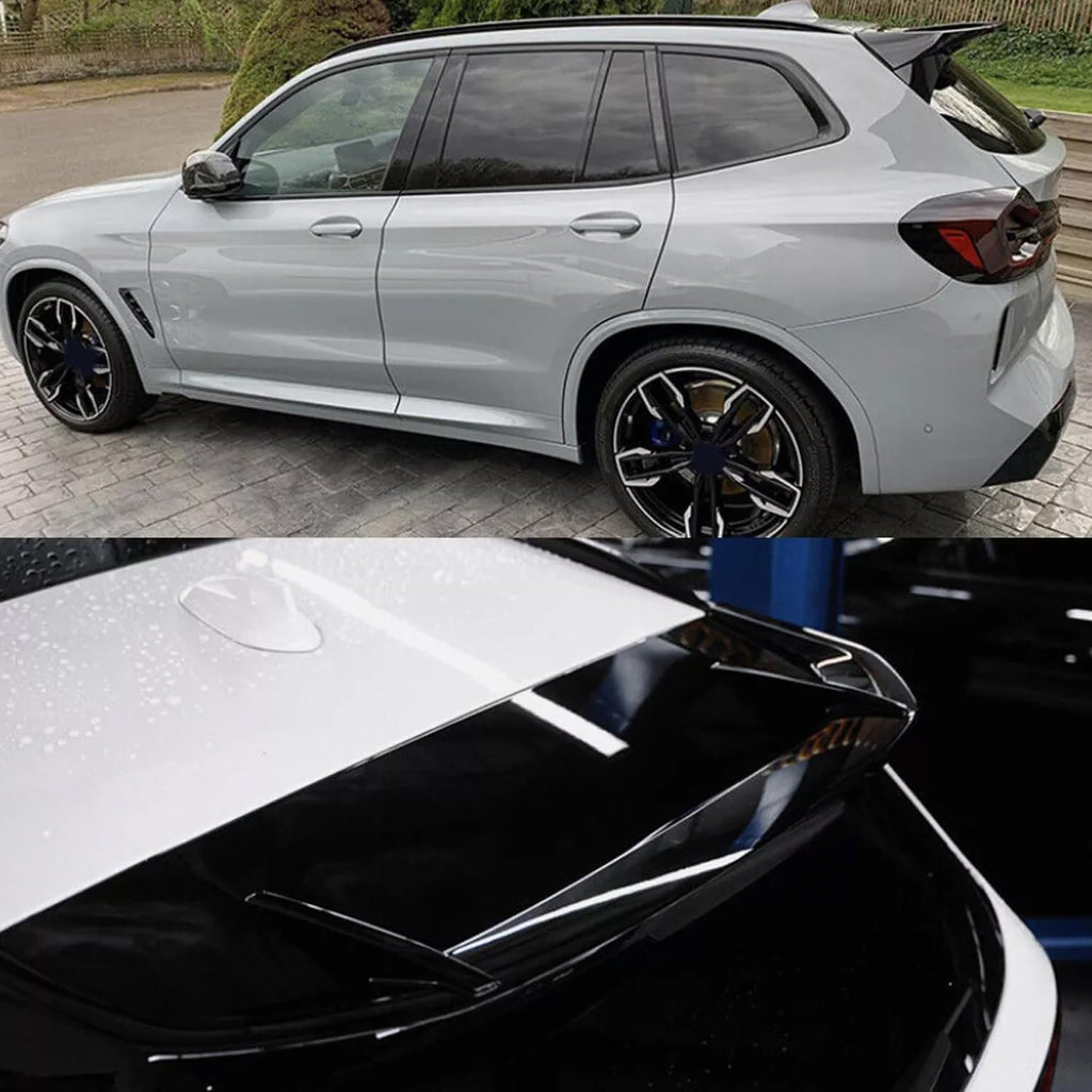 Roof Spoiler Compatibility with 2018-2023 X3 G01 MP Style Rear Trunk Spliter Wing Lip (Gloss Black) - close-up detail view