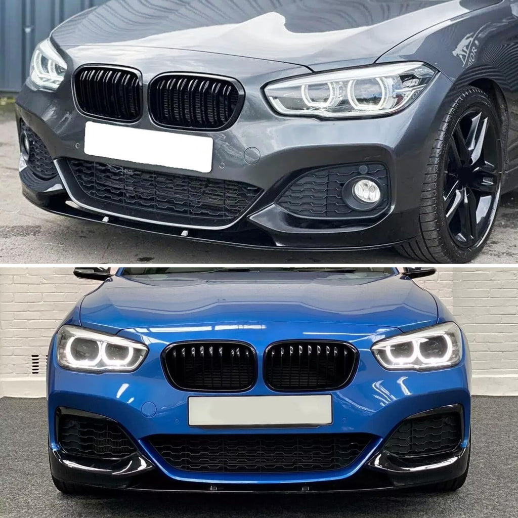 2015-2019 1 Series F20 F21 M Sport MP Styel Front Bumper Chin Lip Splitter Spoiler Kit (Gloss Black) - close-up detail view