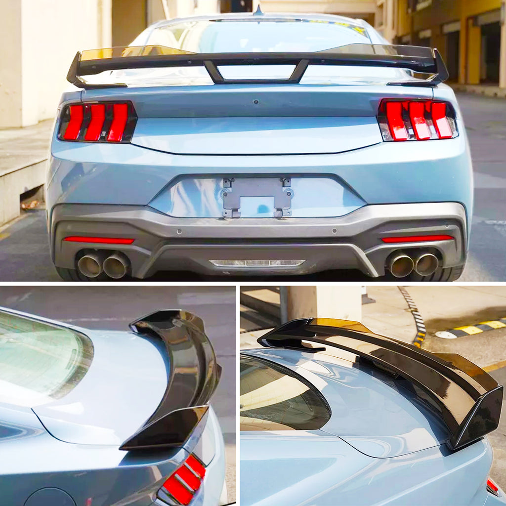 Spoiler 2024 2025 Mustang DH Performance Style Rear Trunk Wing Lid Spliter W Smoke Gurney Flap - close-up detail view